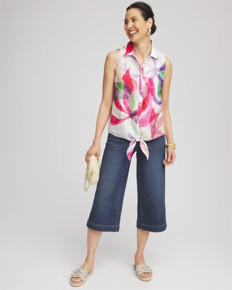 Chicos No Iron Bloom Linen Tie-Front Shirt - CRUSHED BERRIES