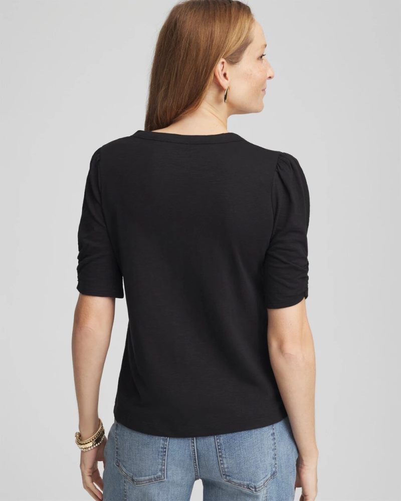 Chicos Slub Split Neck Henley Tee - BLACK