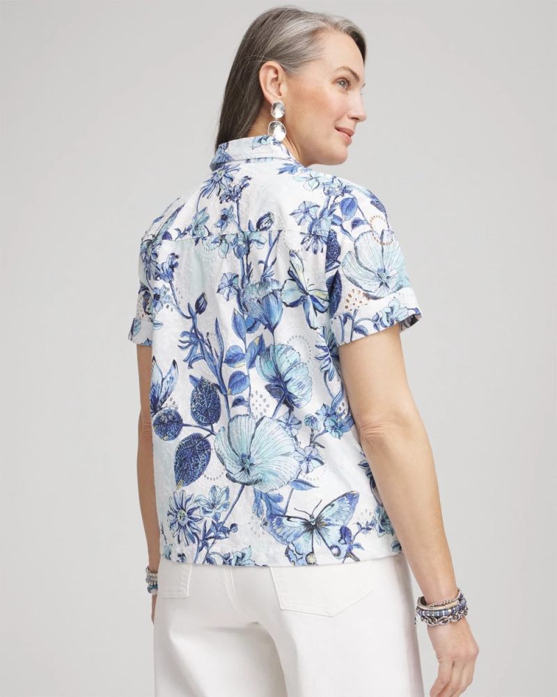 Chicos Butterfly Voile Short Sleeve Shirt - LUSH IRIS