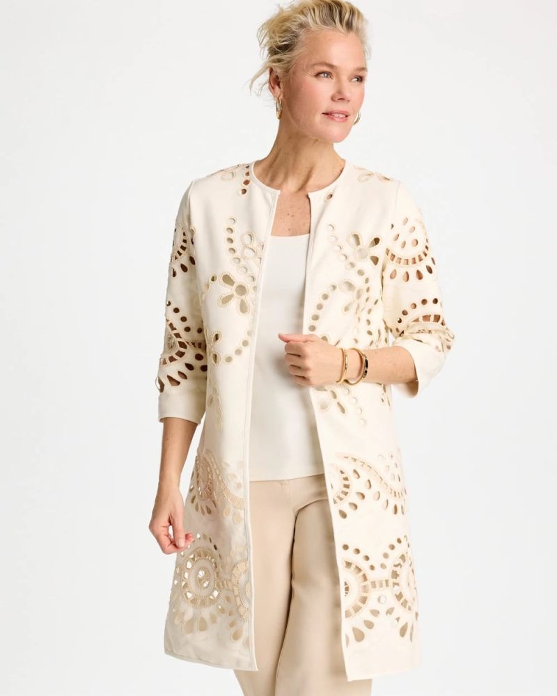 Chicos Long Faux Leather Kimono - ECRU