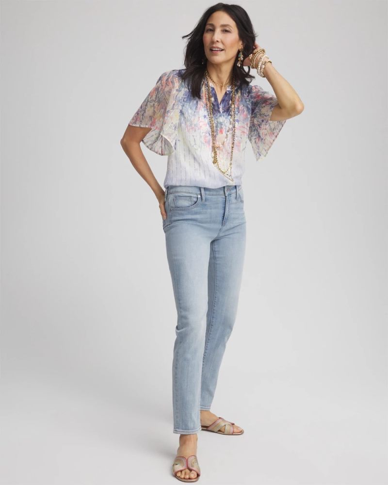 Chicos Jacquard Flutter-Sleeve Blouse - BLUE PEARL