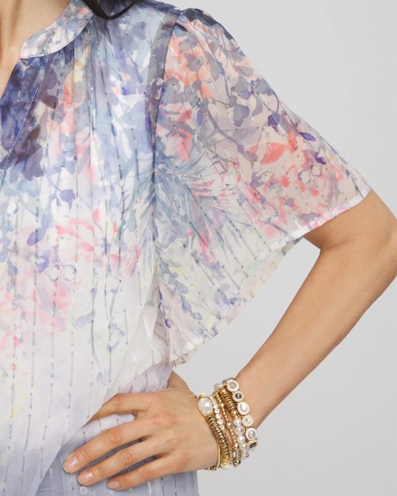 Chicos Jacquard Flutter-Sleeve Blouse - BLUE PEARL