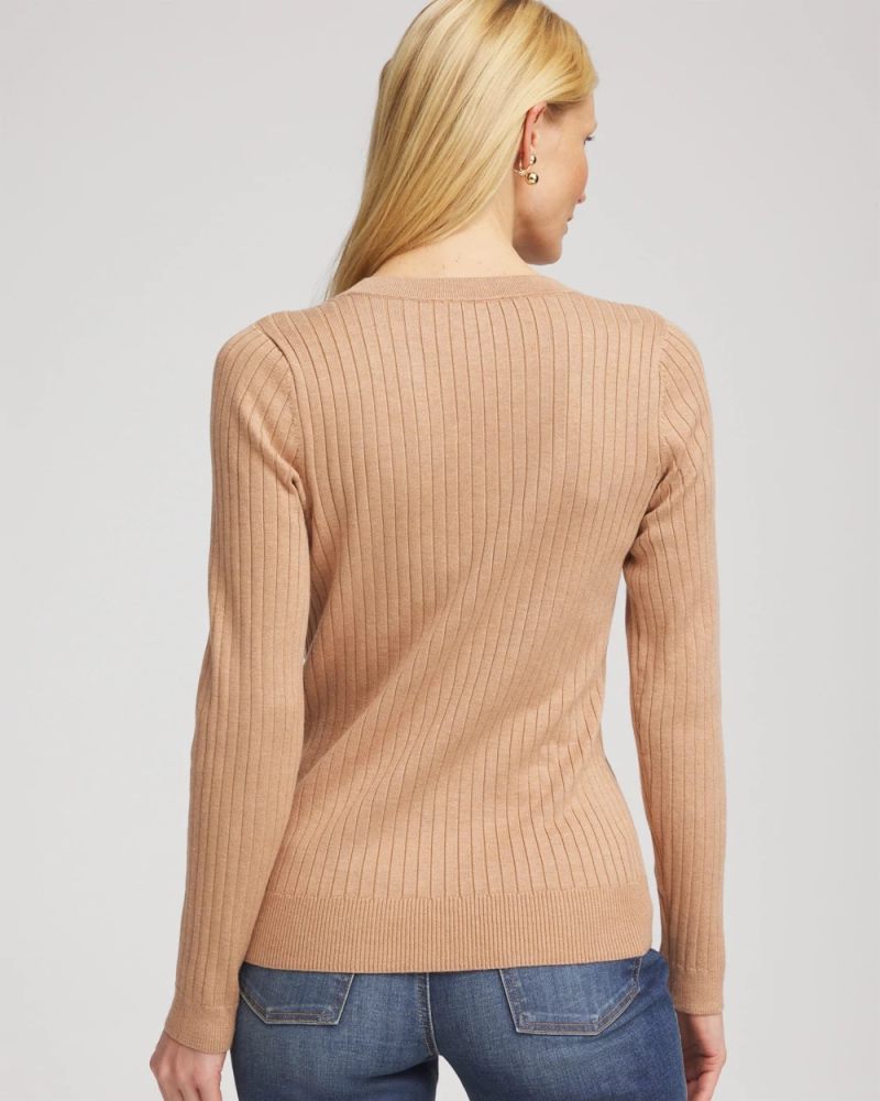 Chicos Ribbed Button Henley Sweater - CREME COFFEE