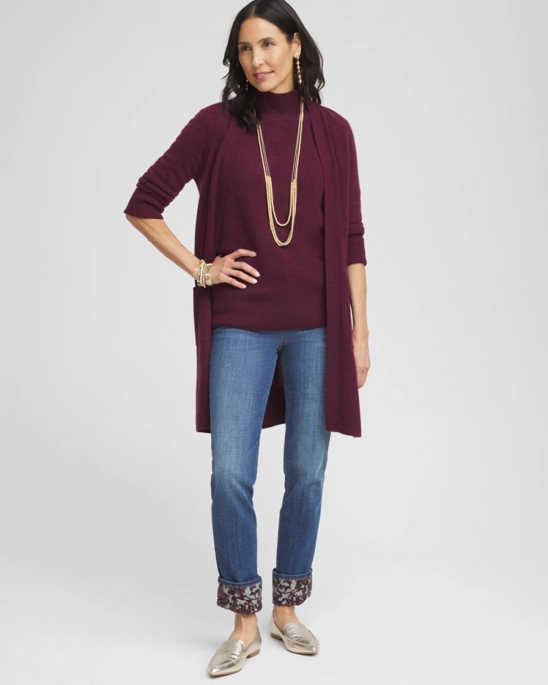 Chicos Cashmere Elbow Sleeve Mock Neck Sweater - WINE