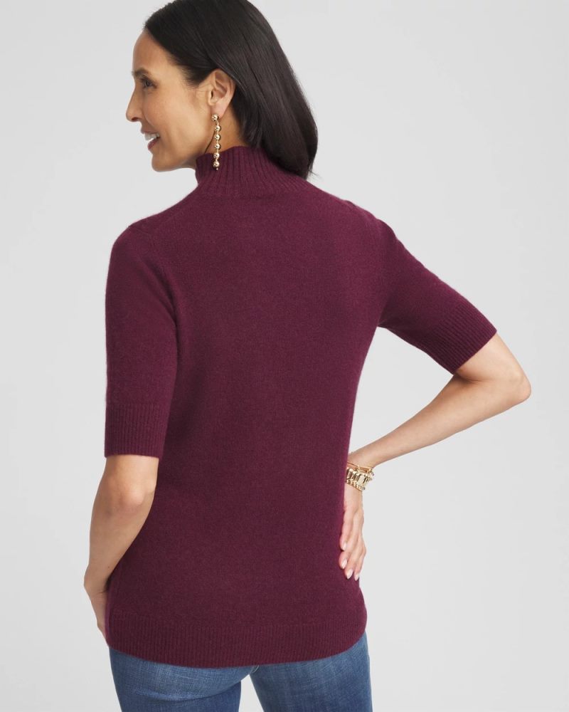 Chicos Cashmere Elbow Sleeve Mock Neck Sweater - WINE