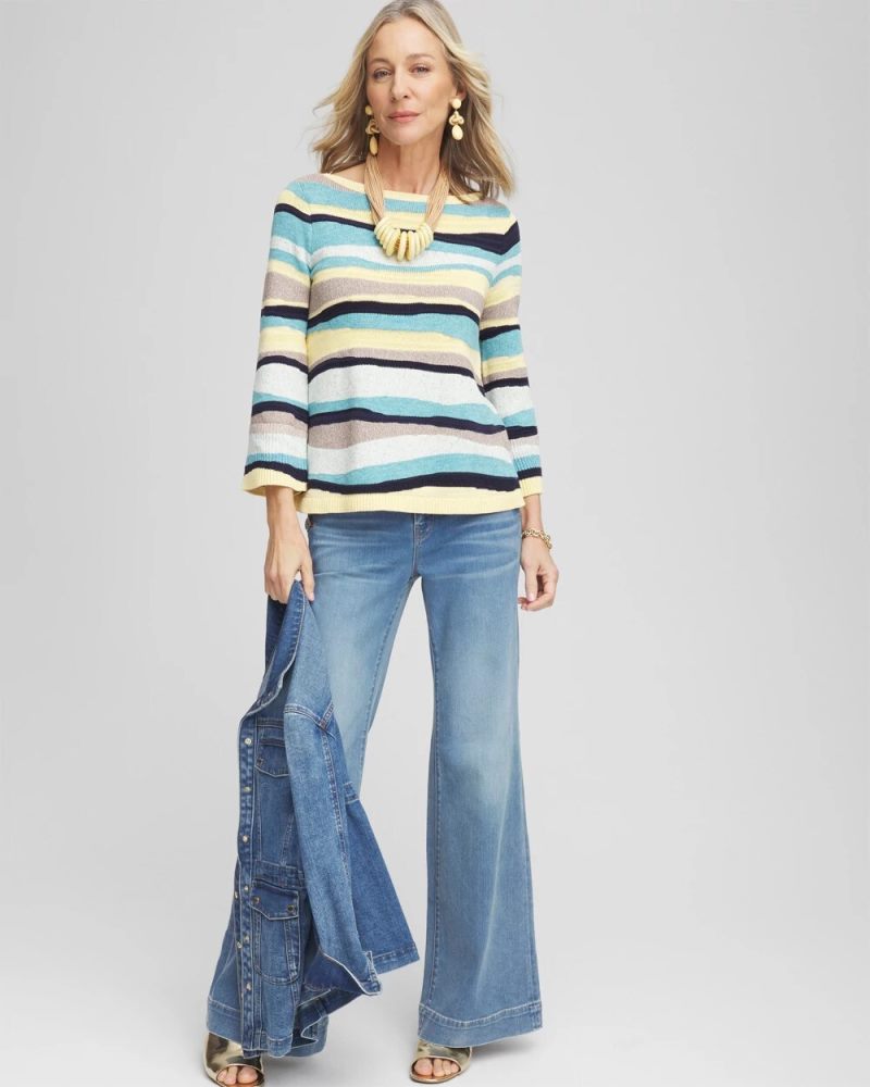Chicos Striped Pullover - AQUATIC TEAL