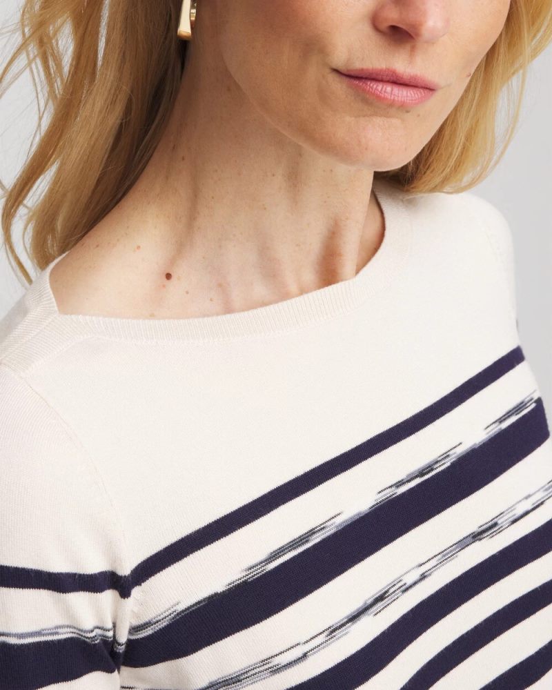 Chicos Ella Striped Bateau Pullover Sweater - ENGLISH CREAM