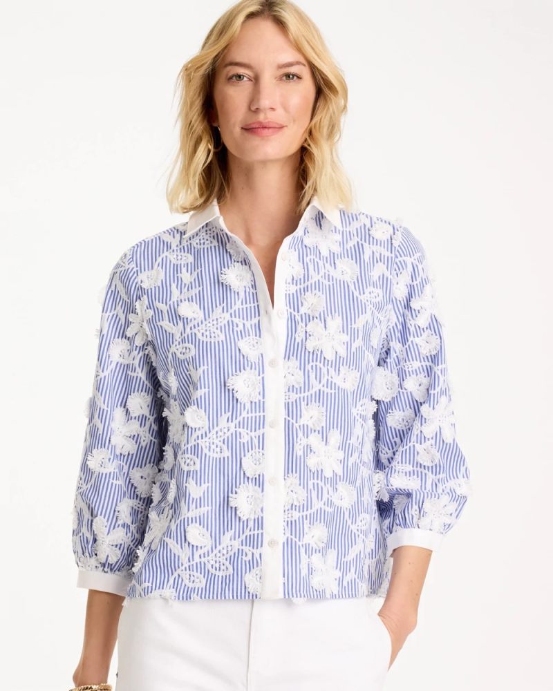Chicos Cotton 3D Embroidered Striped Shirt - ALABASTER