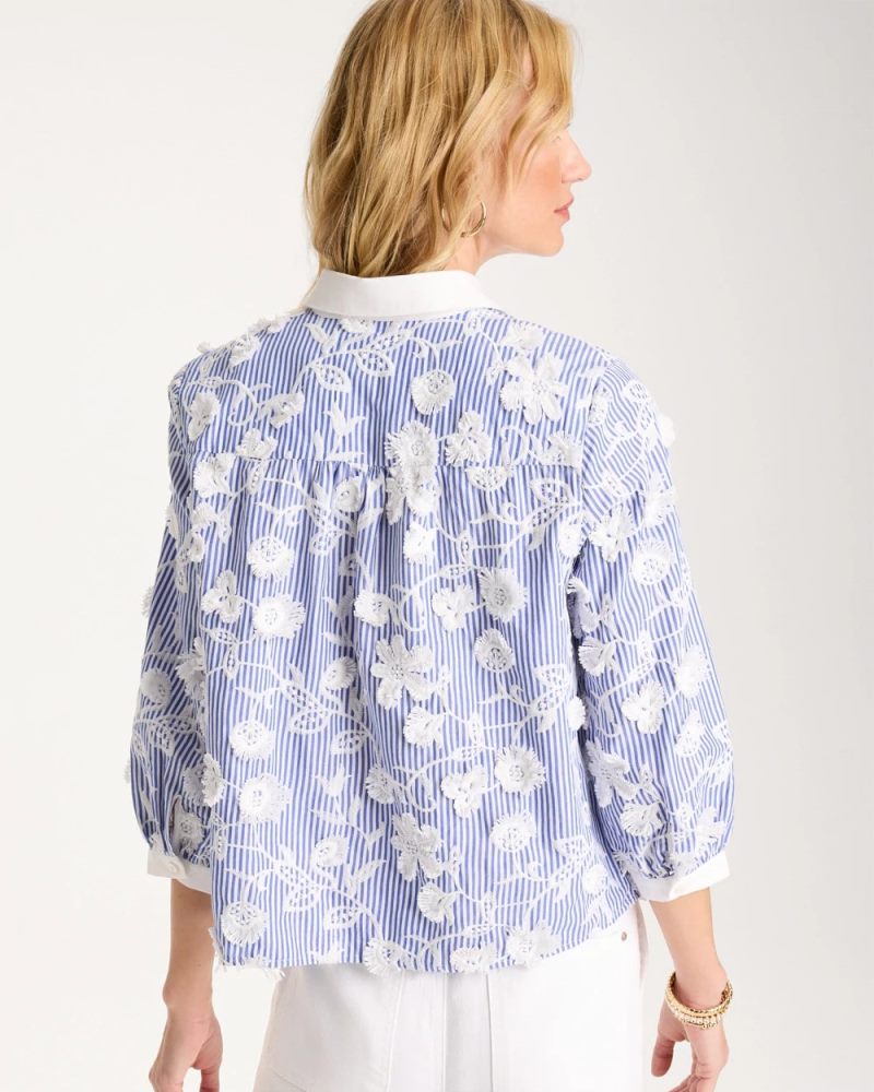 Chicos Cotton 3D Embroidered Striped Shirt - ALABASTER