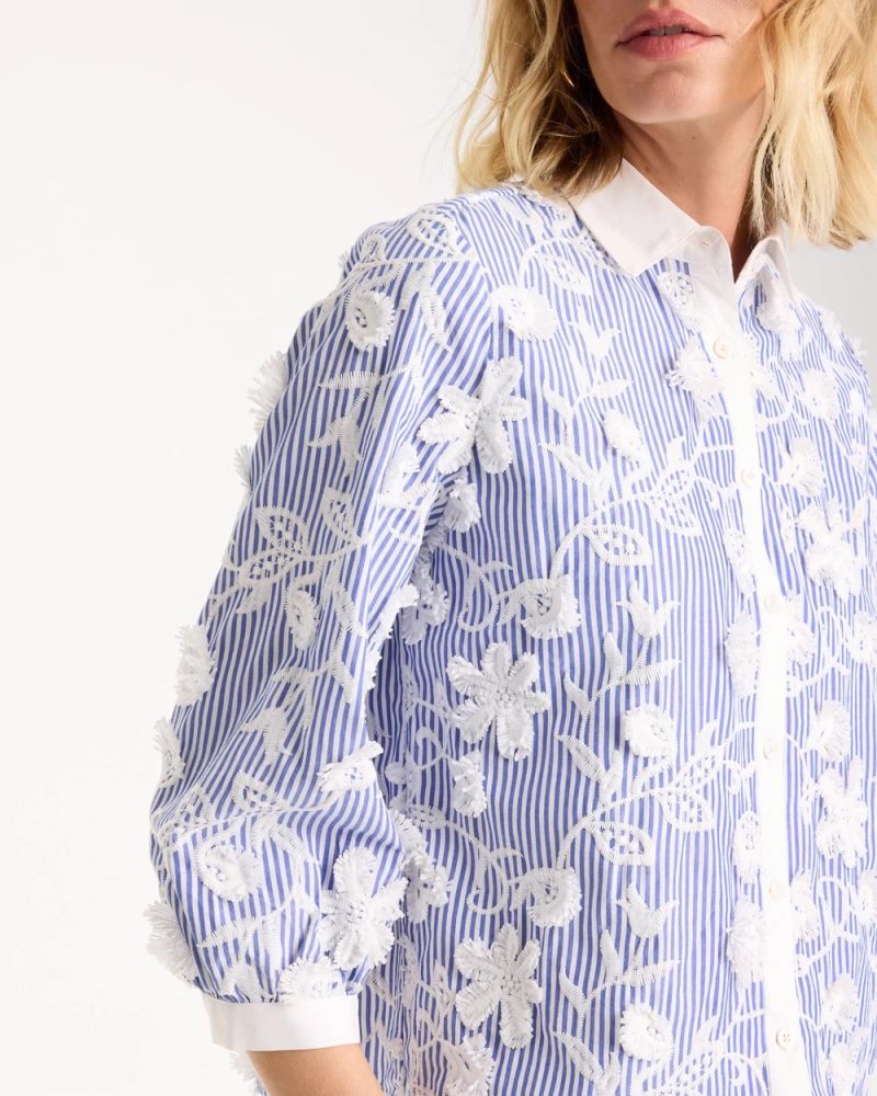 Chicos Cotton 3D Embroidered Striped Shirt - ALABASTER