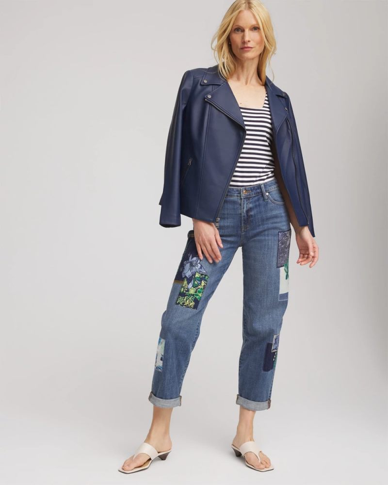 Chicos Boyfriend Patchwork Cropped Jeans - WHIMSICAL INDIGO