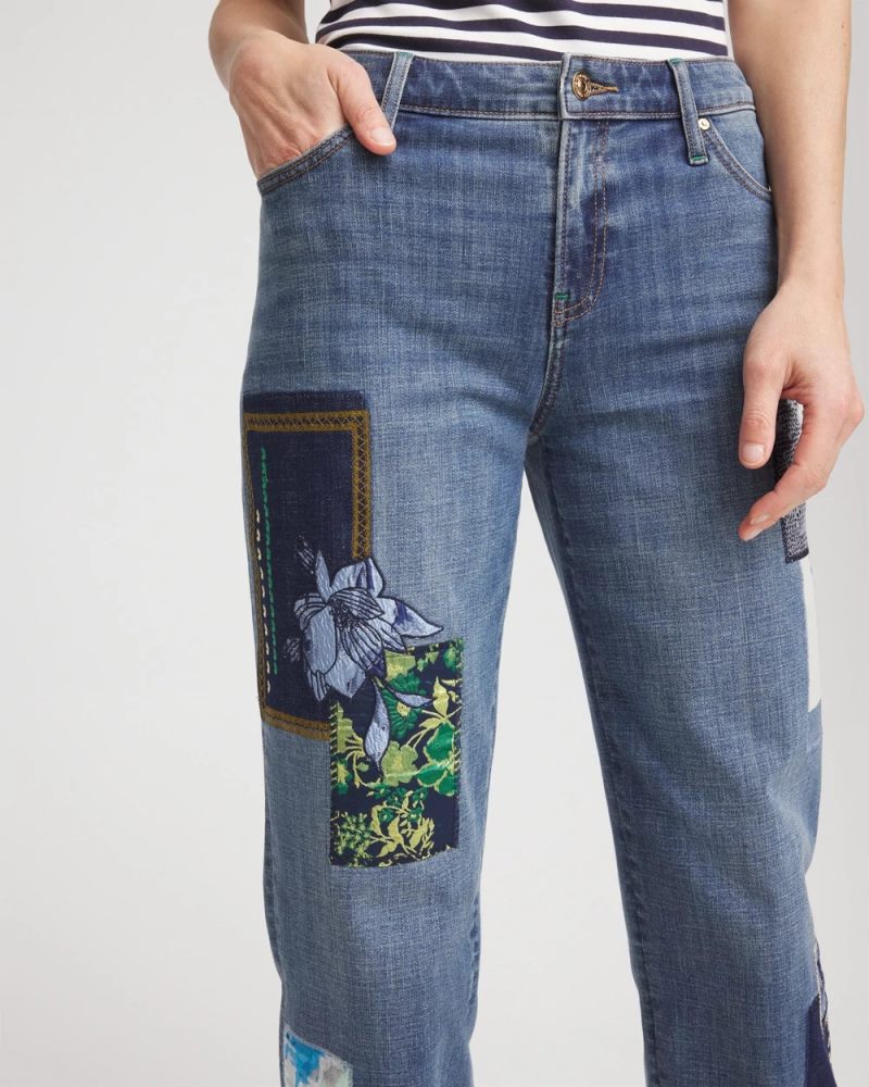 Chicos Boyfriend Patchwork Cropped Jeans - WHIMSICAL INDIGO