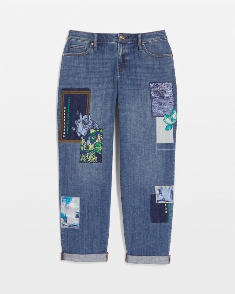 Chicos Boyfriend Patchwork Cropped Jeans - WHIMSICAL INDIGO