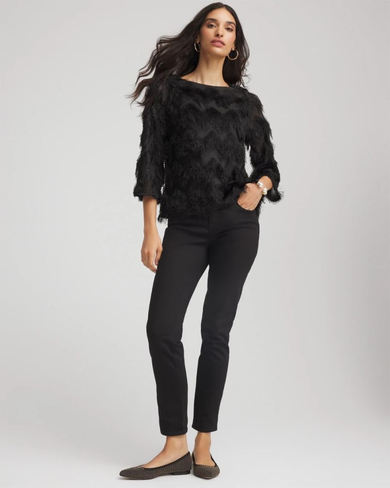 Chicos Chevron Fringe Party Top - BLACK