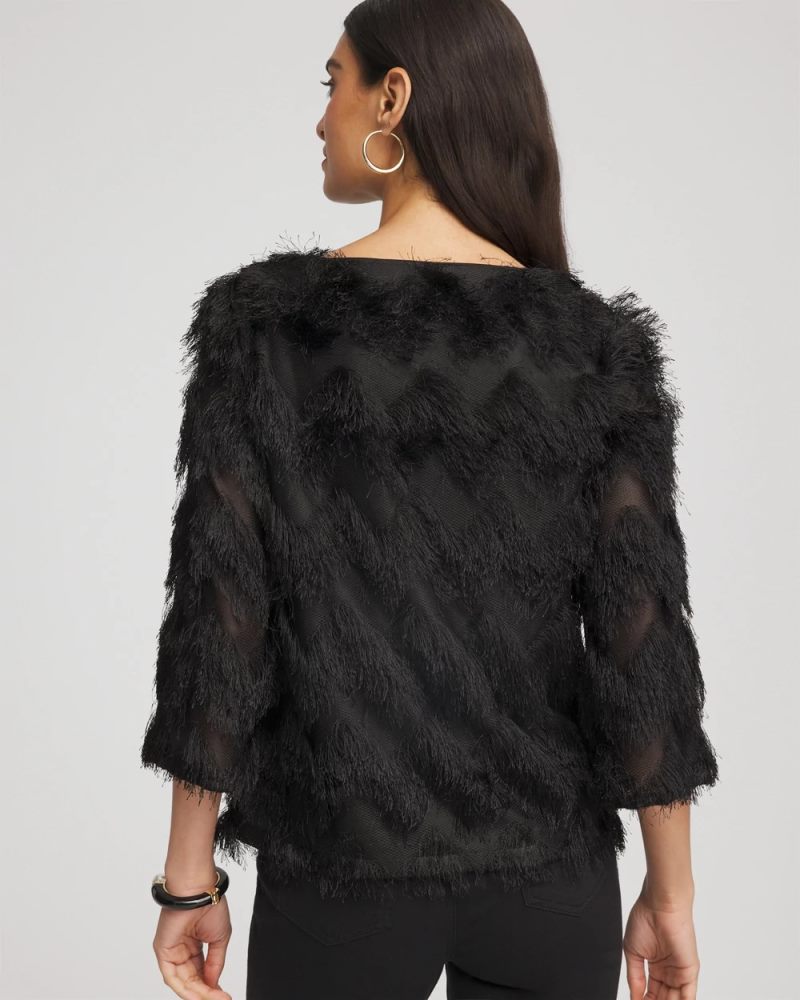 Chicos Chevron Fringe Party Top - BLACK