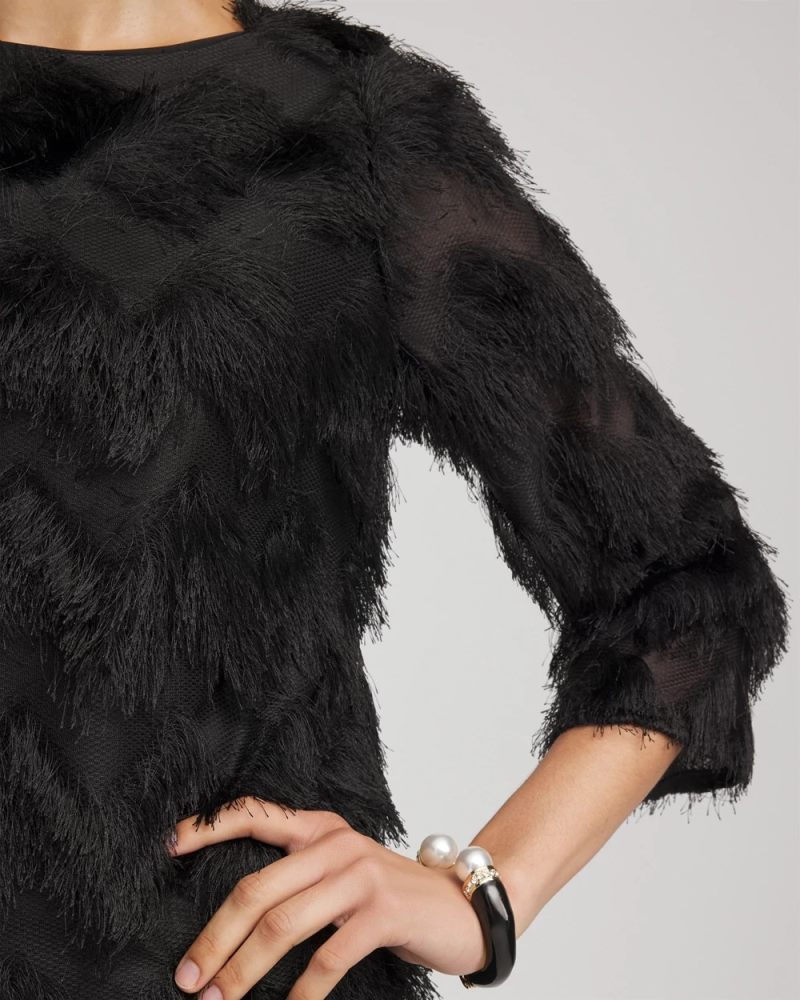 Chicos Chevron Fringe Party Top - BLACK