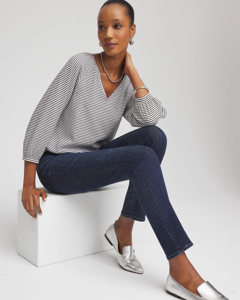 Chicos Striped Crinkled Raglan Top - ALABASTER