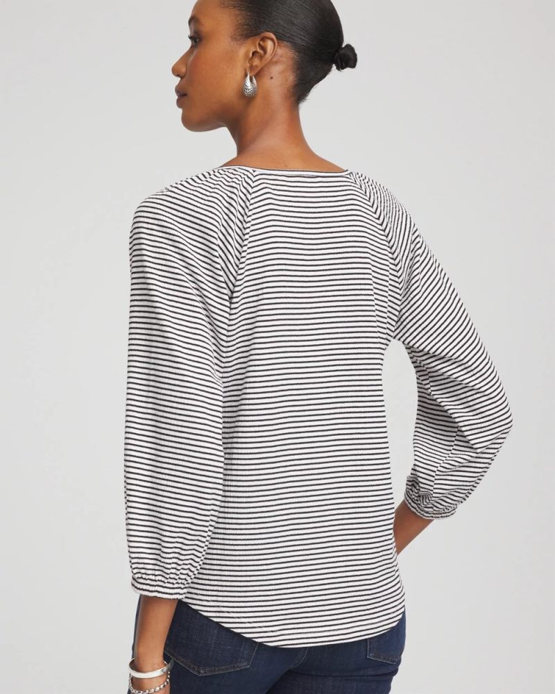 Chicos Striped Crinkled Raglan Top - ALABASTER
