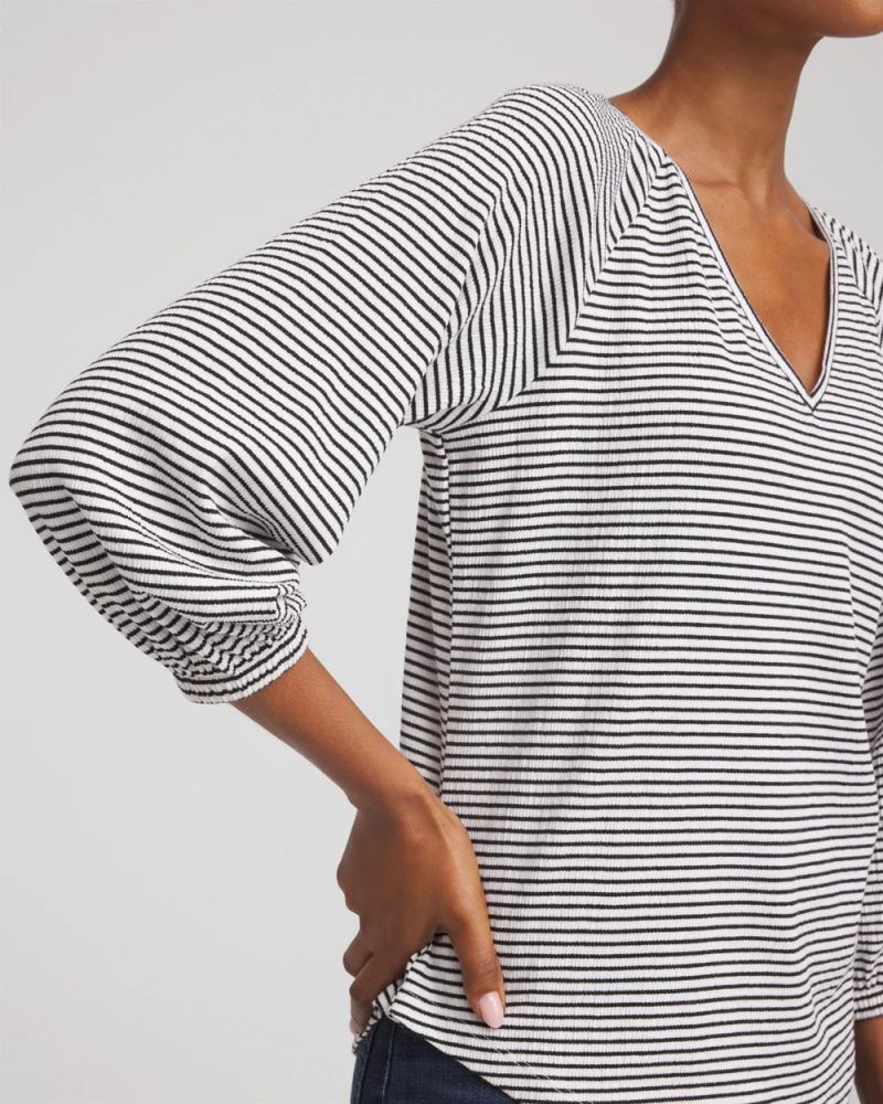 Chicos Striped Crinkled Raglan Top - ALABASTER