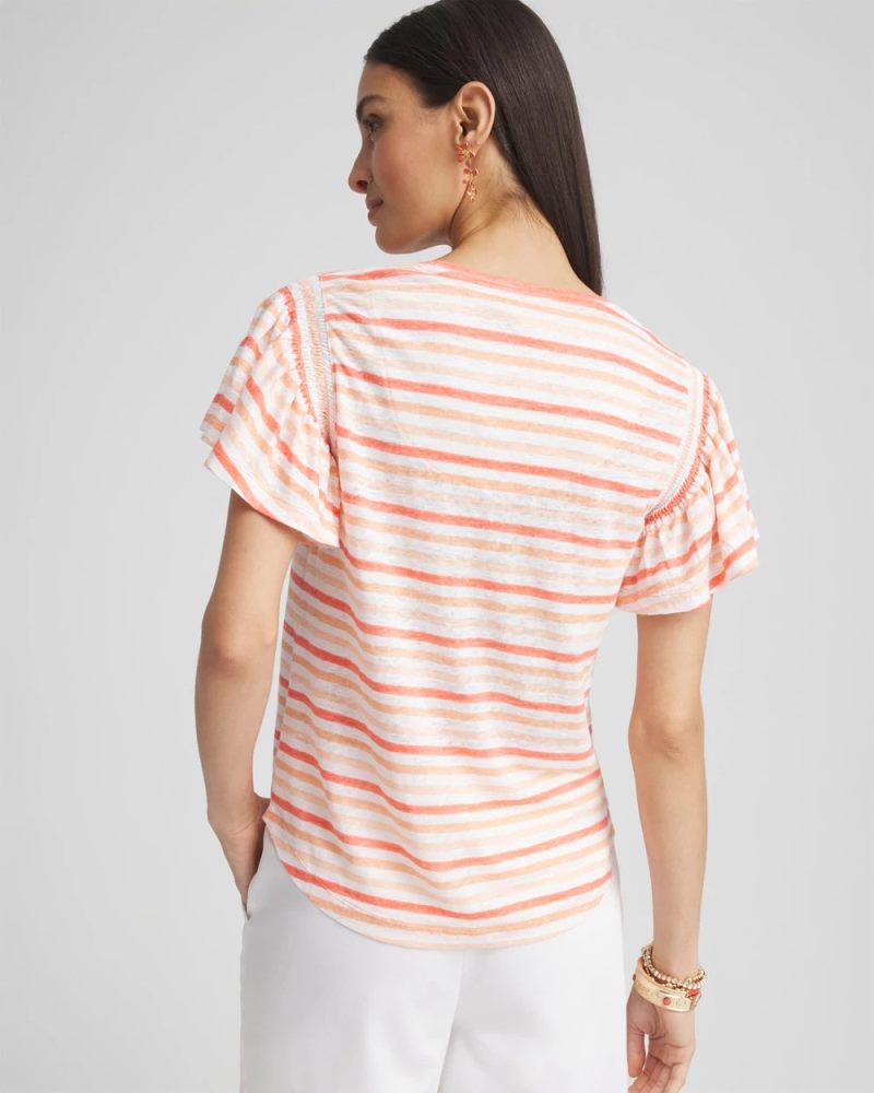 Chicos Striped Linen Smocked Flutter-Sleeved Tee - MELON MAMBO