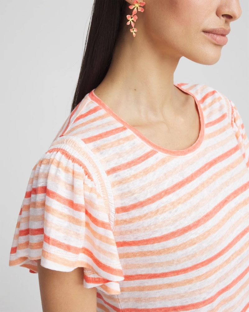 Chicos Striped Linen Smocked Flutter-Sleeved Tee - MELON MAMBO