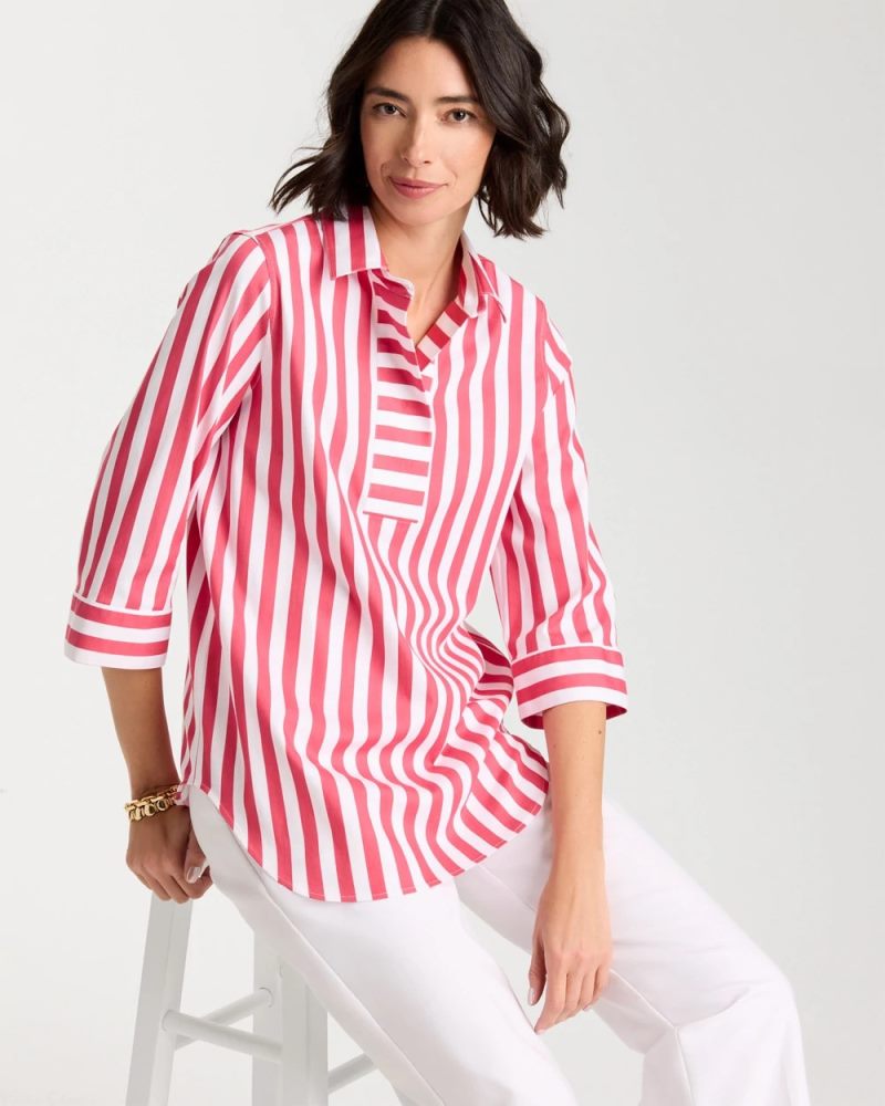 Chicos No Iron Striped Stretch Tunic - HOT HONEYSUCKLE