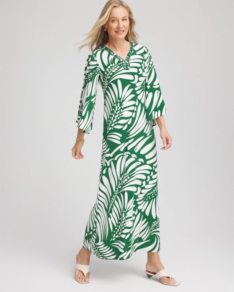Chicos Palm-Front-Motif Beaded Knit Maxi Dress - PALM LEAF