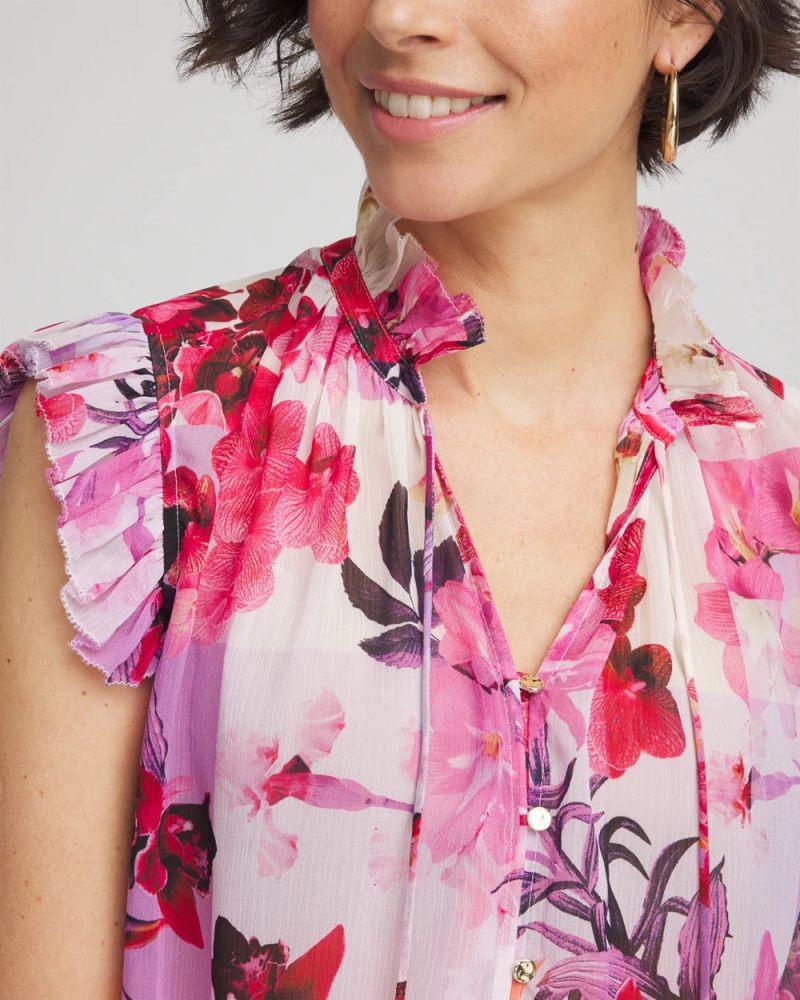 Chicos Floral Ruffle Collar Blouse - PLUM SHADE