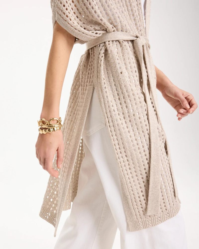 Chicos Crochet Knit Belted Ruana - NEUTRAL