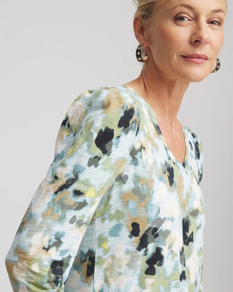 Chicos Printed Slub Puff-Sleeve Tee - BLUE MENTHE