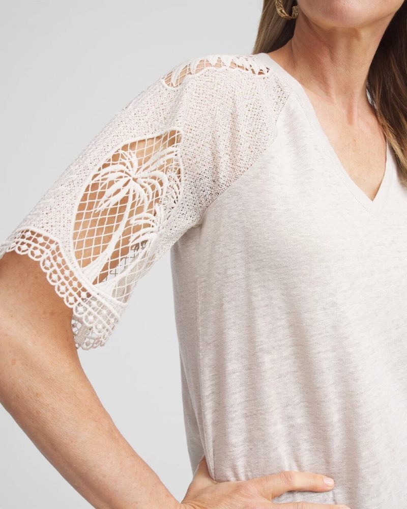 Chicos Linen Crochet Lace Short Sleeve Tee - RIVER ROCK