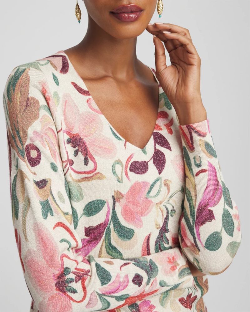 Chicos Ella V-Neck Floral Pullover Sweater - ENGLISH CREAM