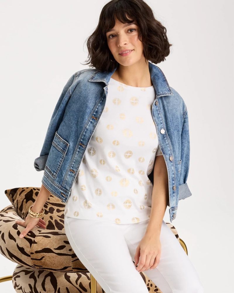 Chicos Stamped Pima Elbow Sleeve Tee - ALABASTER