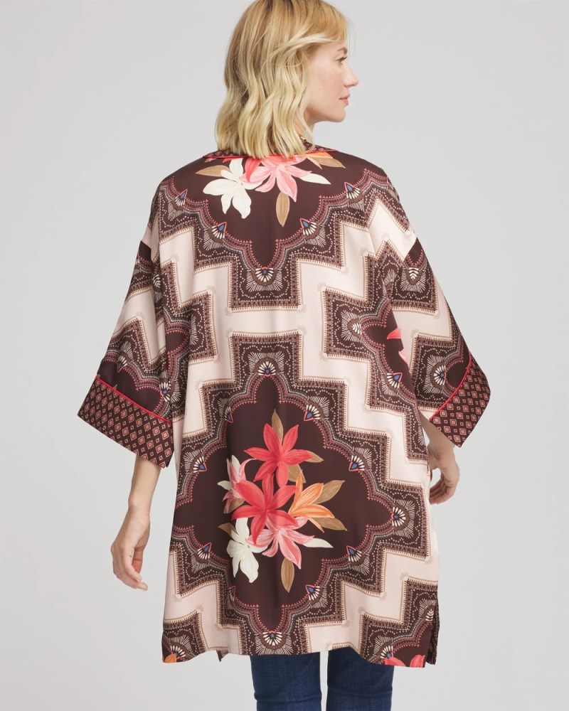 Chicos Long Mixed-Print Kimono - CACAO