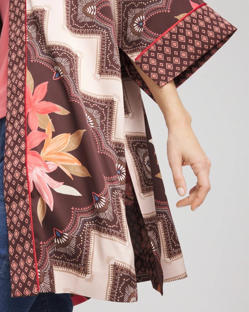 Chicos Long Mixed-Print Kimono - CACAO