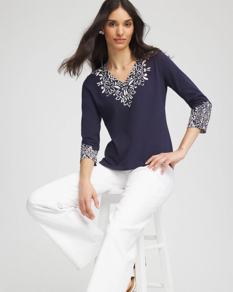Chicos Chic Scroll 3/4 Sleeve Perfect Tee - PASSPORT BLUE