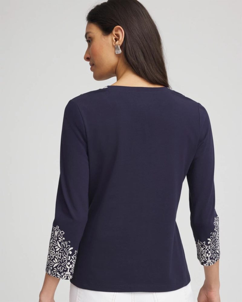 Chicos Chic Scroll 3/4 Sleeve Perfect Tee - PASSPORT BLUE
