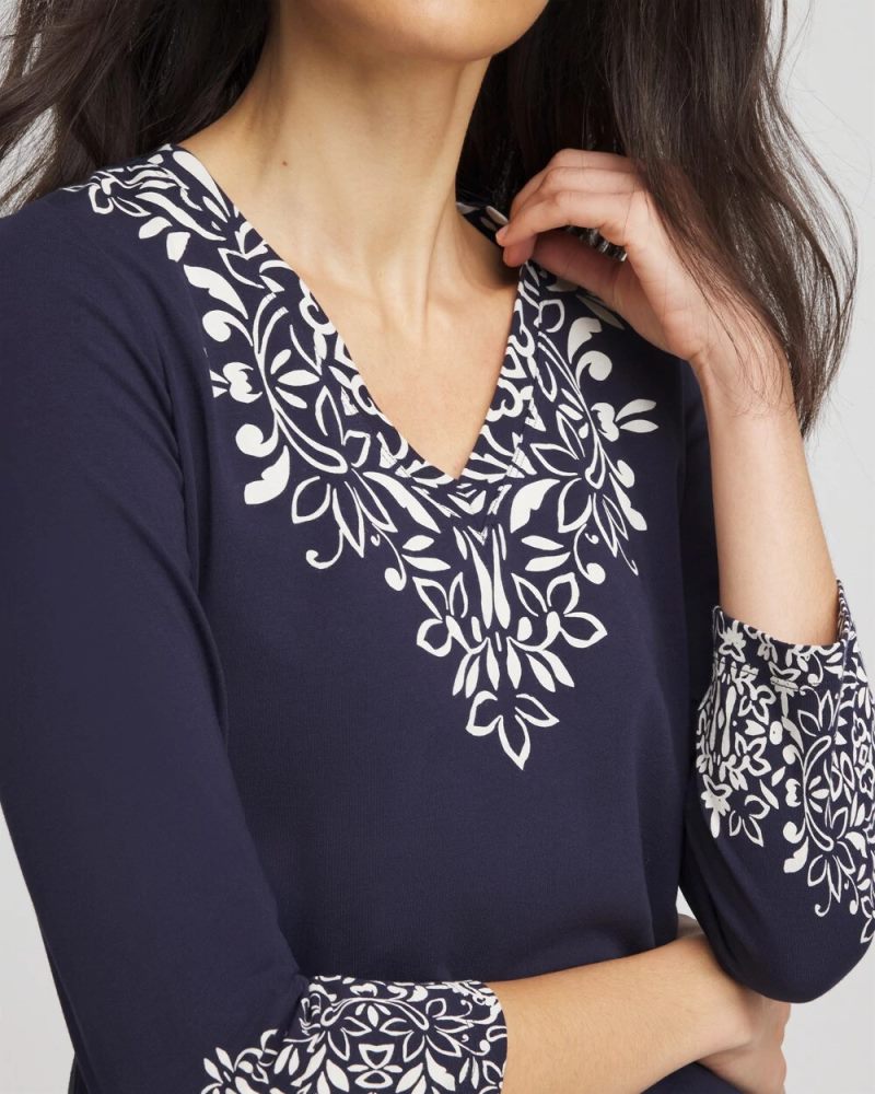 Chicos Chic Scroll 3/4 Sleeve Perfect Tee - PASSPORT BLUE