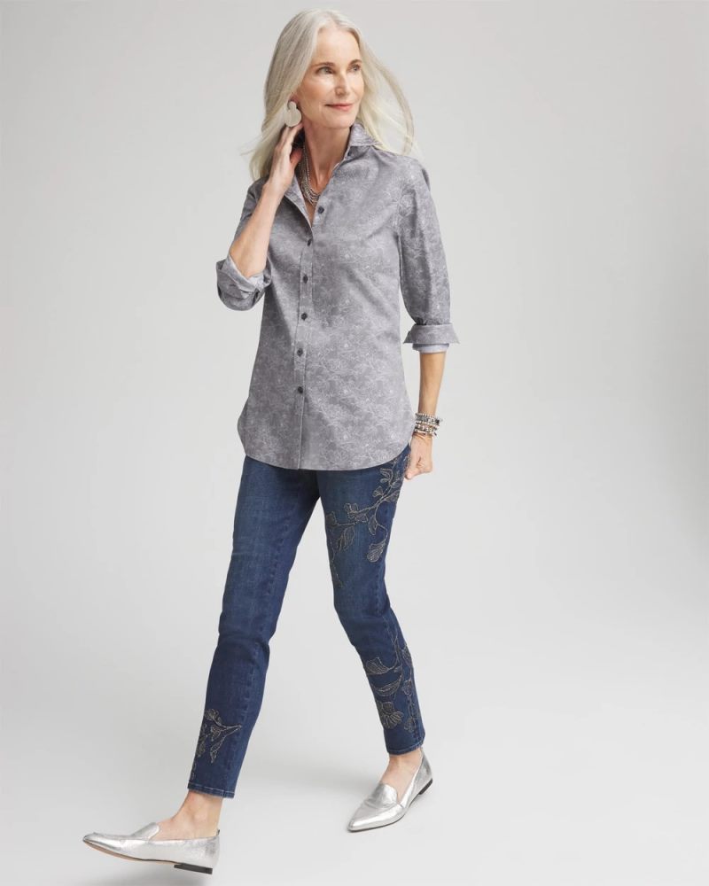 Chicos Floral Embroidered Pull-On Ankle Jeggings - ALTAIR INDIGO