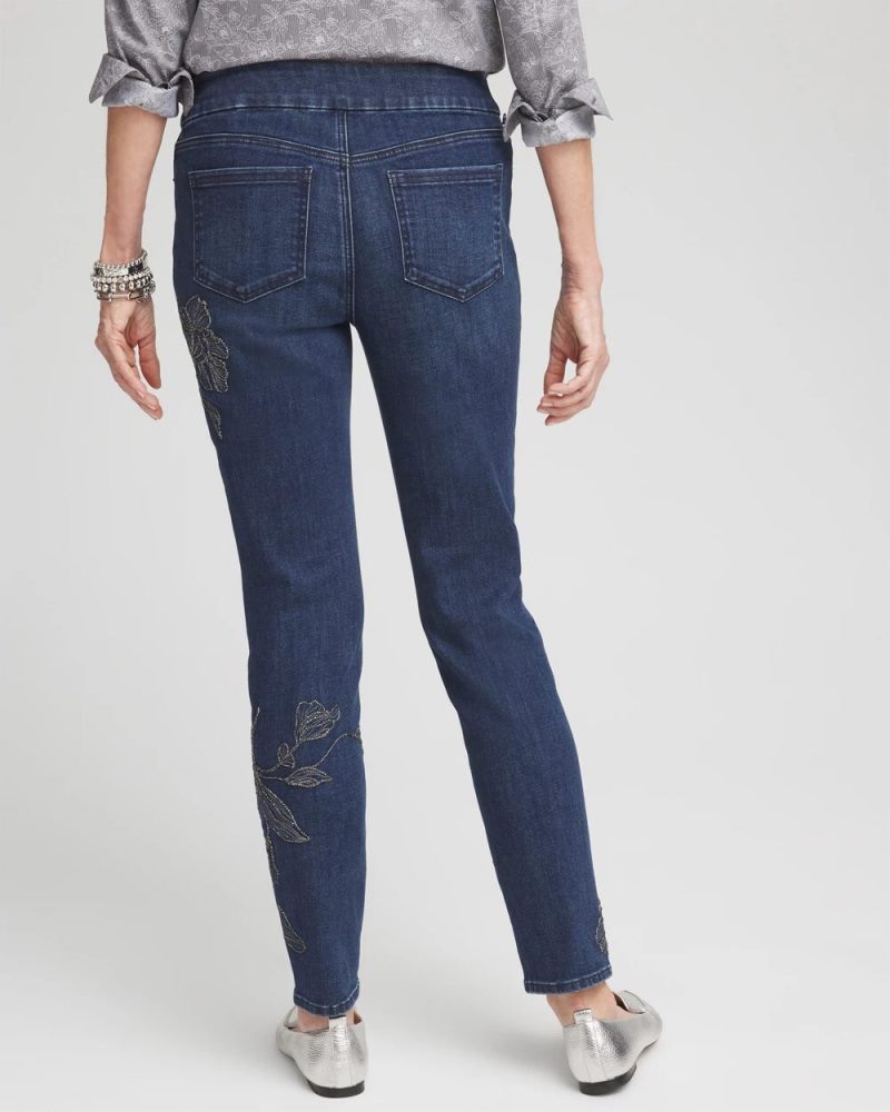 Chicos Floral Embroidered Pull-On Ankle Jeggings - ALTAIR INDIGO