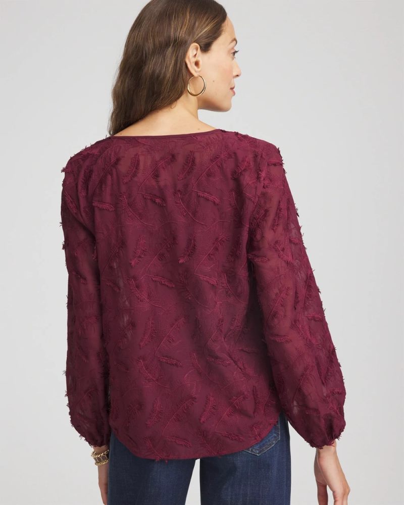 Chicos Feathered Pullover Peasant Blouse - DEEP CHIANTI