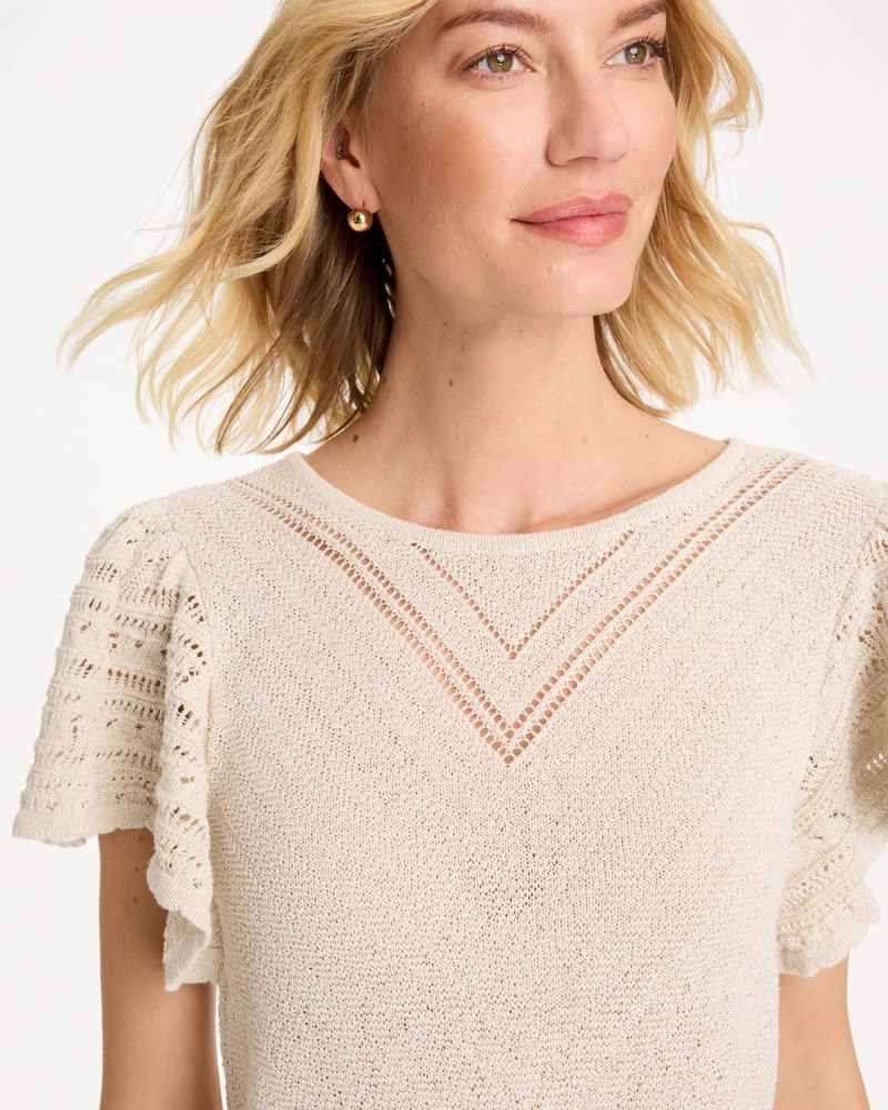 Chicos Pointelle Metallic Flutter-Sleeve Pullover - CREAM