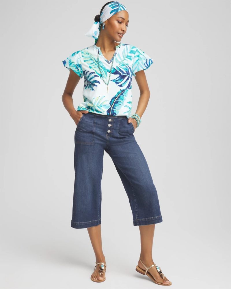 Chicos Notch Neck Cap Sleeve Tee - PARADISO BLUE
