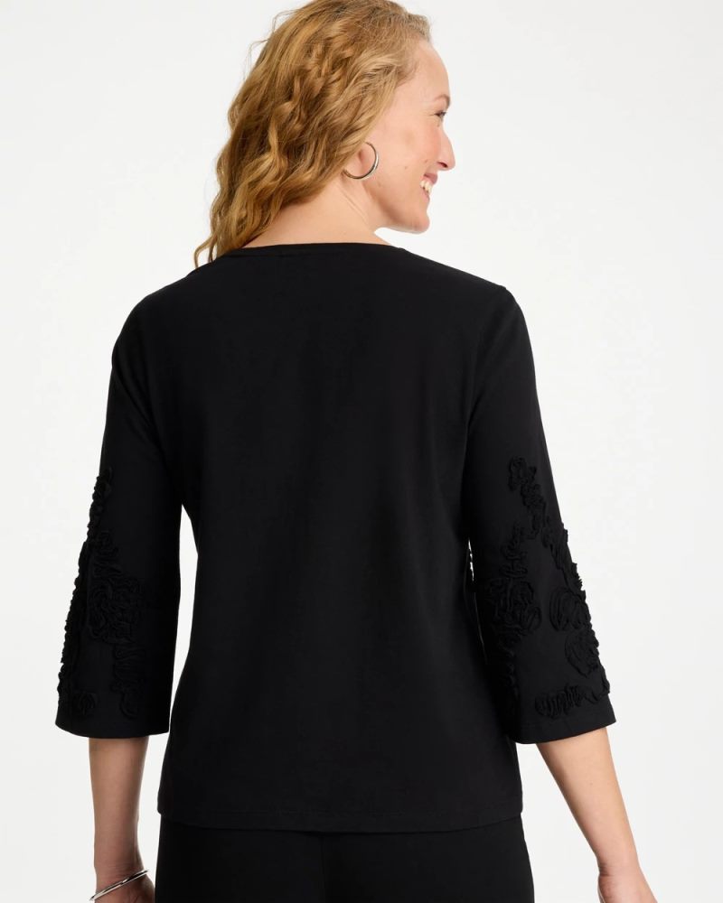 Chicos Soutache Elbow Sleeve Tee - BLACK