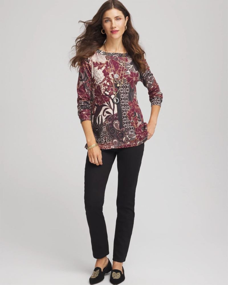 Chicos Printed Pima Cotton Bateau-Neck Tee - ROCKY MOUNTAIN