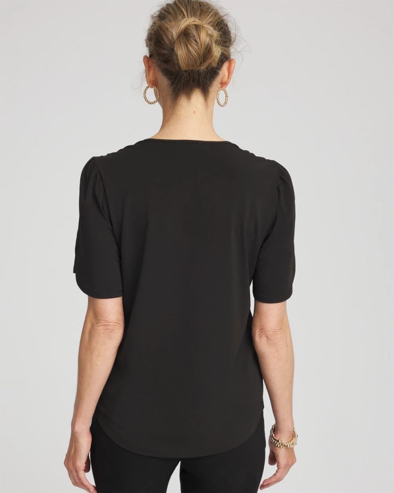 Chicos Petal-Sleeve Voop Neck Tee - BLACK