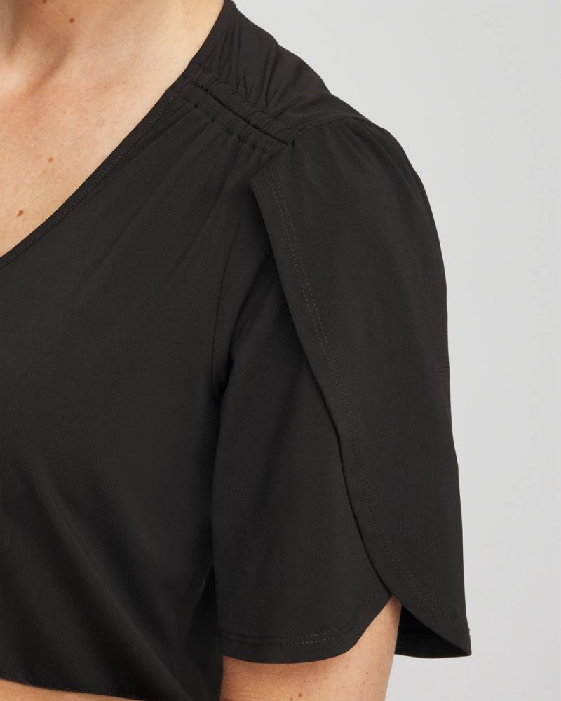 Chicos Petal-Sleeve Voop Neck Tee - BLACK