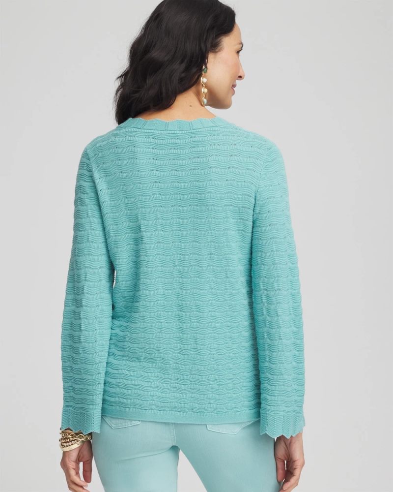 Chicos Pointelle Scalloped Hem Flare Sleeve Pullover - AQUATIC TEAL