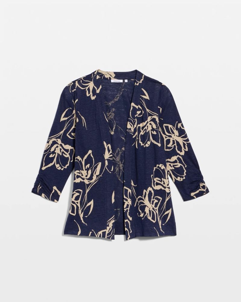 Chicos Floral Linen Open Front Cardigan - PASSPORT BLUE