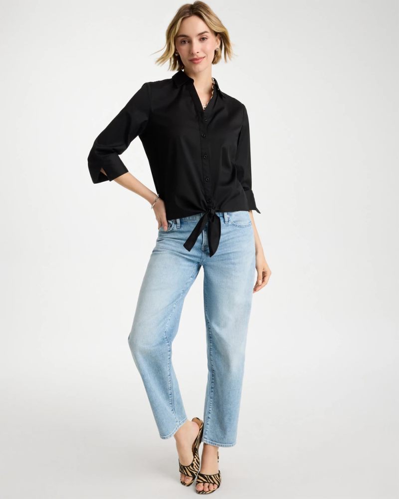 Chicos Poplin Cotton Tie-Front Top - BLACK